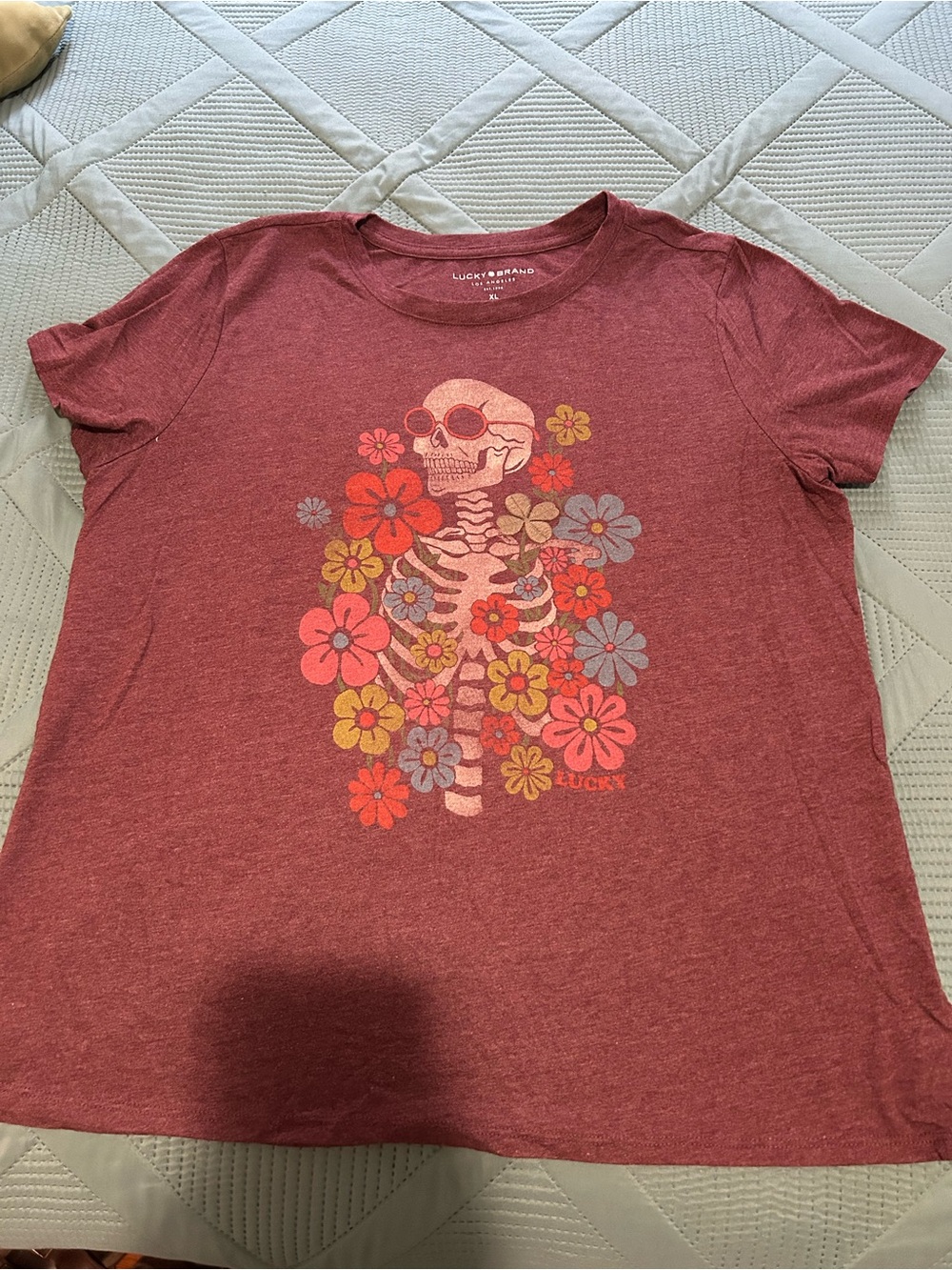 Lucky Brand Maroon Floral Skeleton Graphic Tee